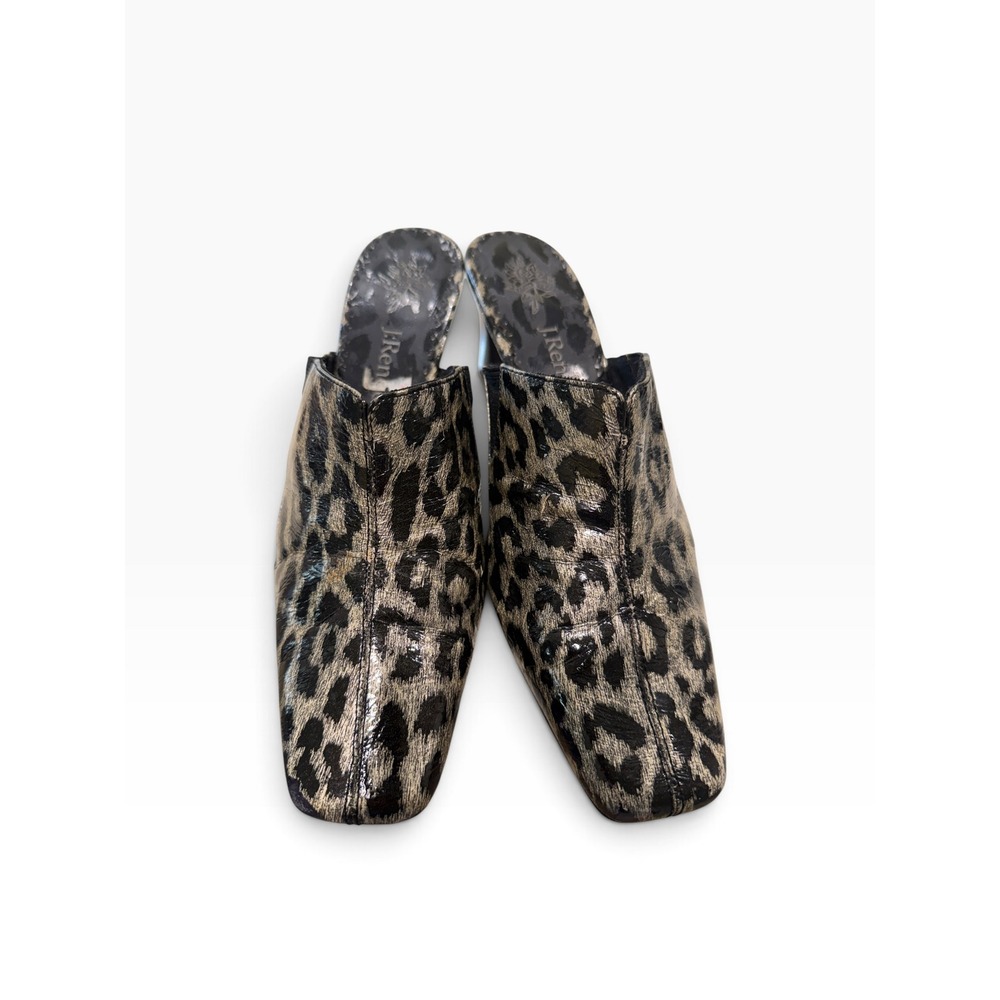 J. Renee Womens Leopard Print Mules Square Toe Metallic Silver Black Block Heels